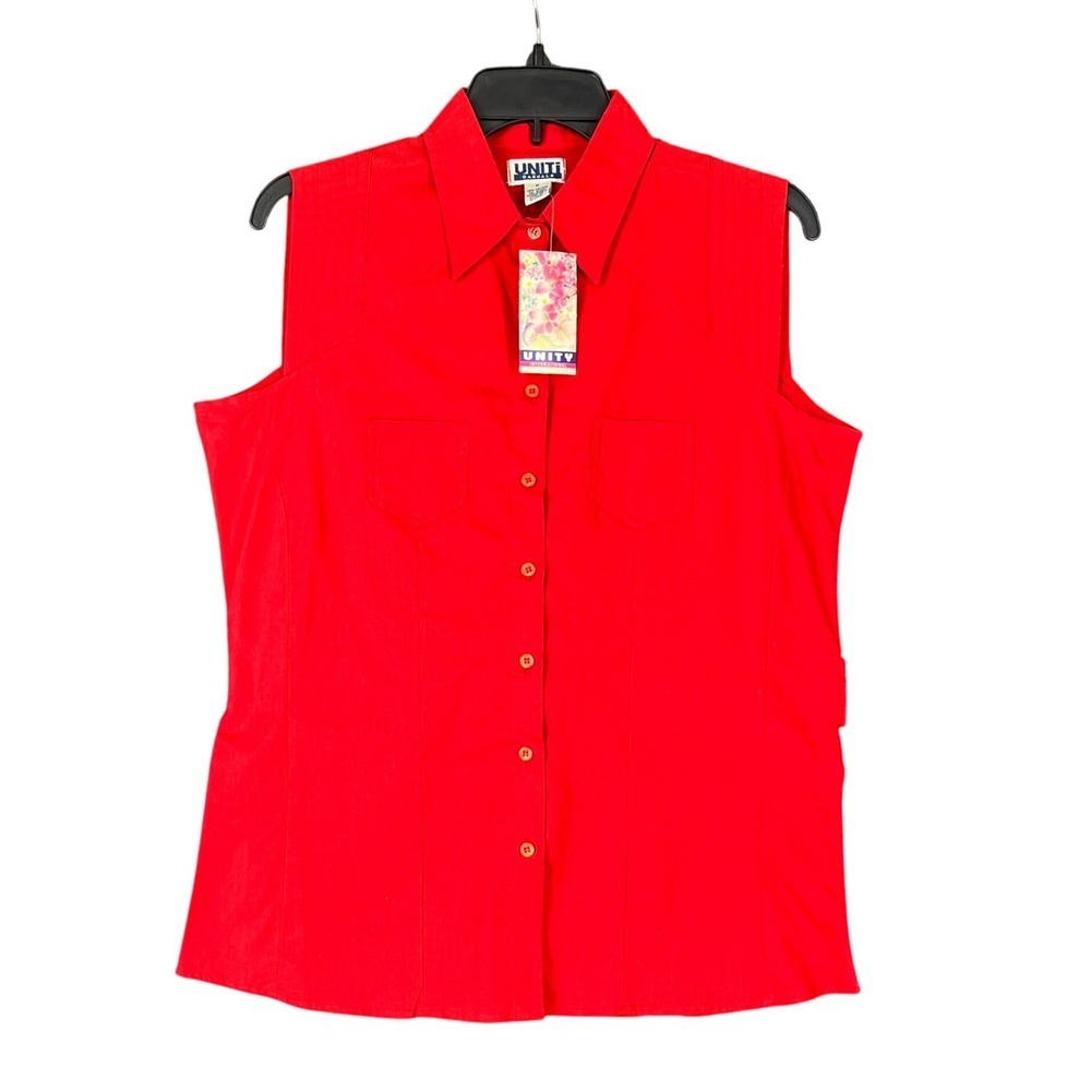 Uniti‎ Casuals Sleeveless Button Down Shirt Red Cotton Tie Back Pockets M Womens